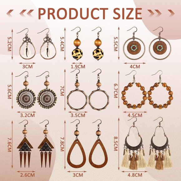 Boho Wood Earrings Sterling Silver Dangle Jewelry for Women 9 Pairs - Picture 3 of 7